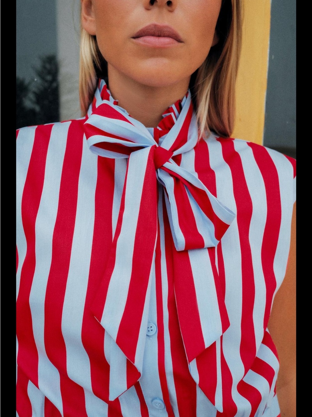 Zara Red Striped Bow-Neck Sleeveless Blouse